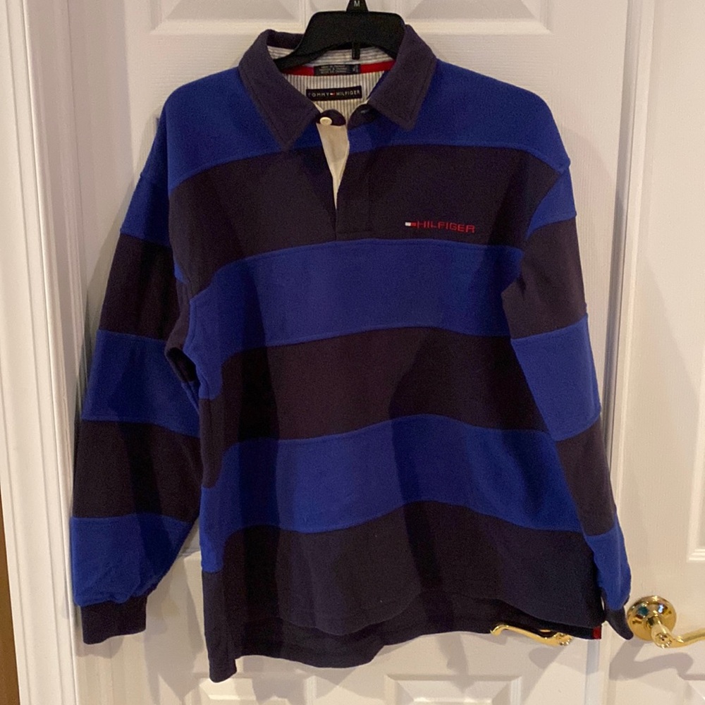 Nautica blue striped collared fleece shirt with one button; XL